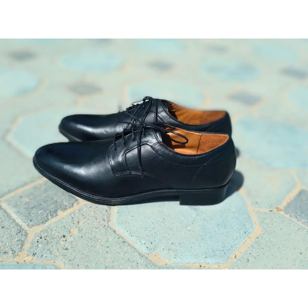 Derby Shoes Genuine Leather Plane Toe Black - Rambler Shoes FZE