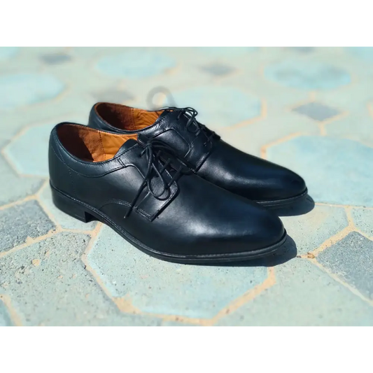 Derby Shoes Genuine Leather Plane Toe Black - Rambler Shoes FZE