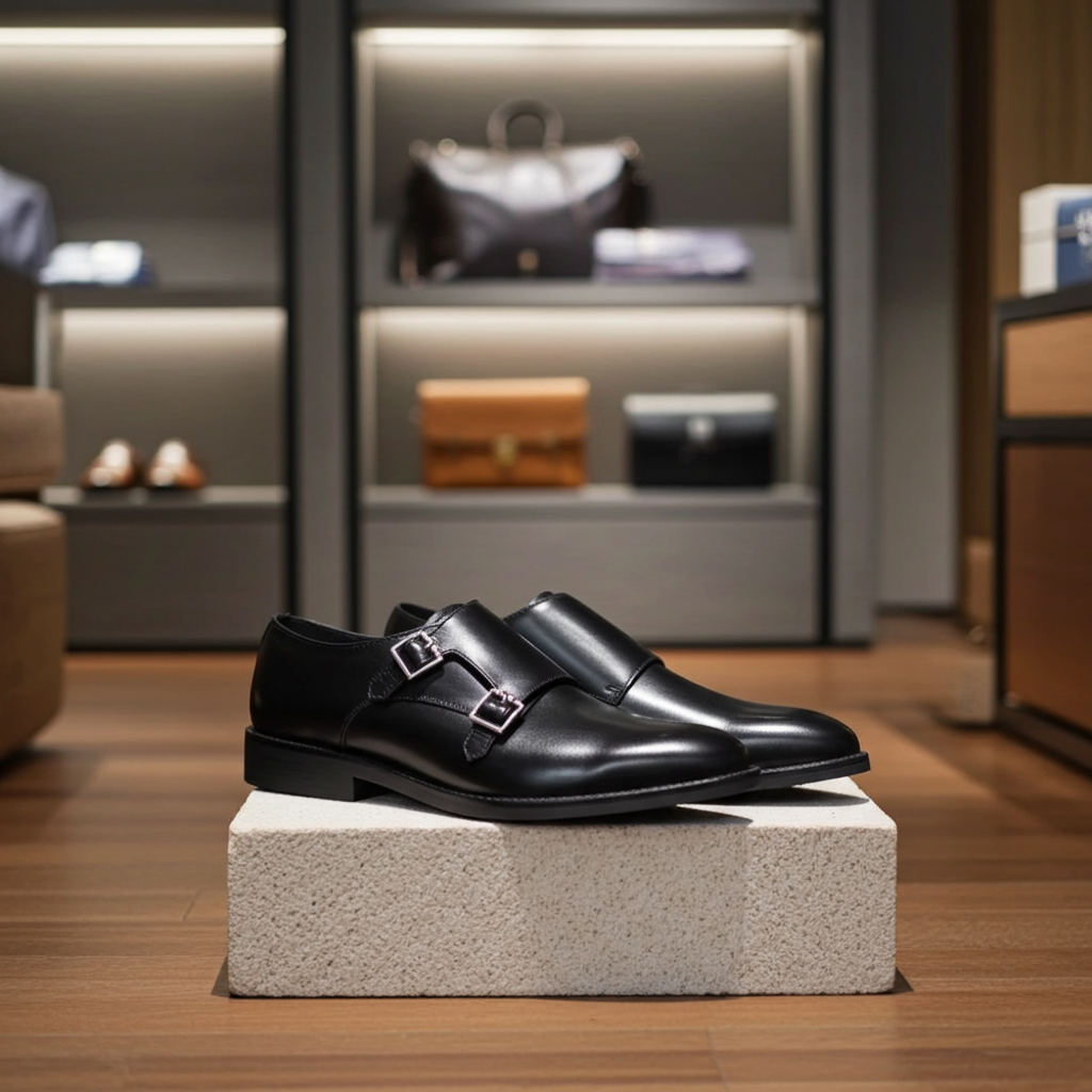 Double Strap Shoes Genuine Leather Plain toe Black + Leather Wallet