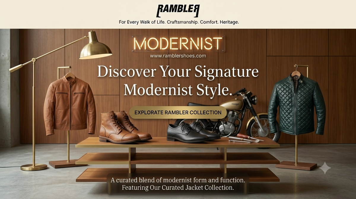 Promotional banner for Rambler's 'Modernist' collection, showcasing curated jackets and boots in a rustic, warm-toned room. Features a brown leather jacket on a floor lamp stand, brown leather boots on a table, a black leather motorcycle, and a dark green quilted jacket on a floor lamp, all under the Rambler brand logo.