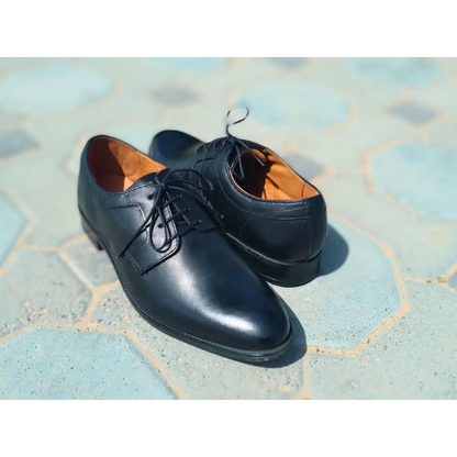Derby Shoes Genuine Leather Plane Toe Black - Rambler Shoes FZE