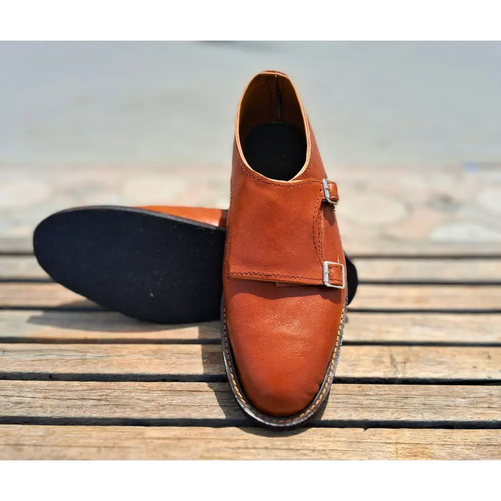 Double Strap Shoes Genuine Leather Plain toe Brown - 41 - Leather Shoes for men