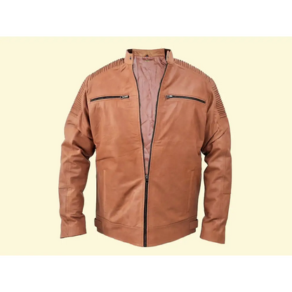 Men Jacket: Leather Jacket Beige Genuine Leather - XL