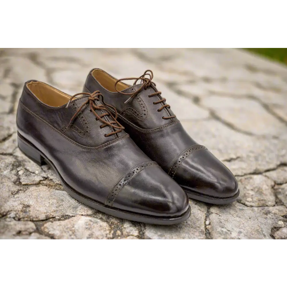 Oxford Shoes Genuine Leather Captoe semi brogue Black + Leather Wallet - 43 - Leather Shoes for men