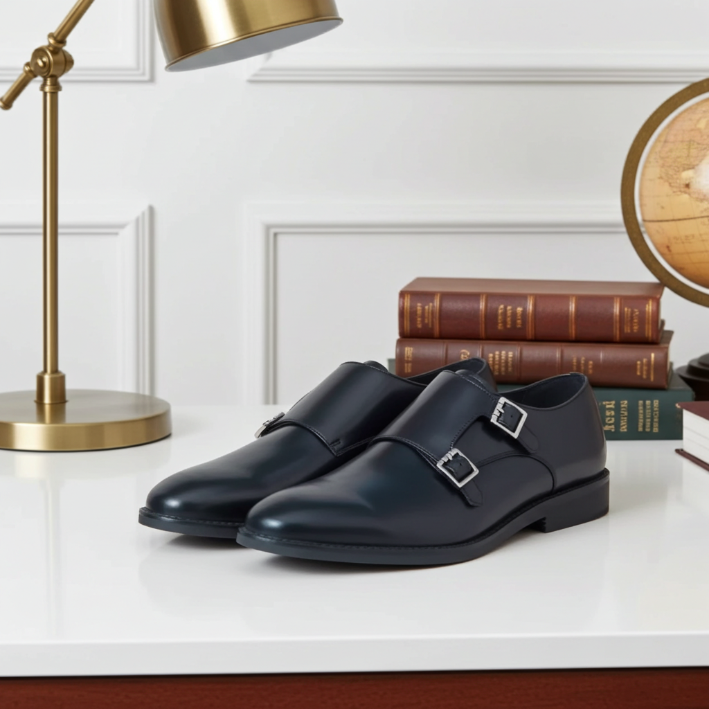 Double Strap Shoes Genuine Leather Plain toe Black + Leather Wallet