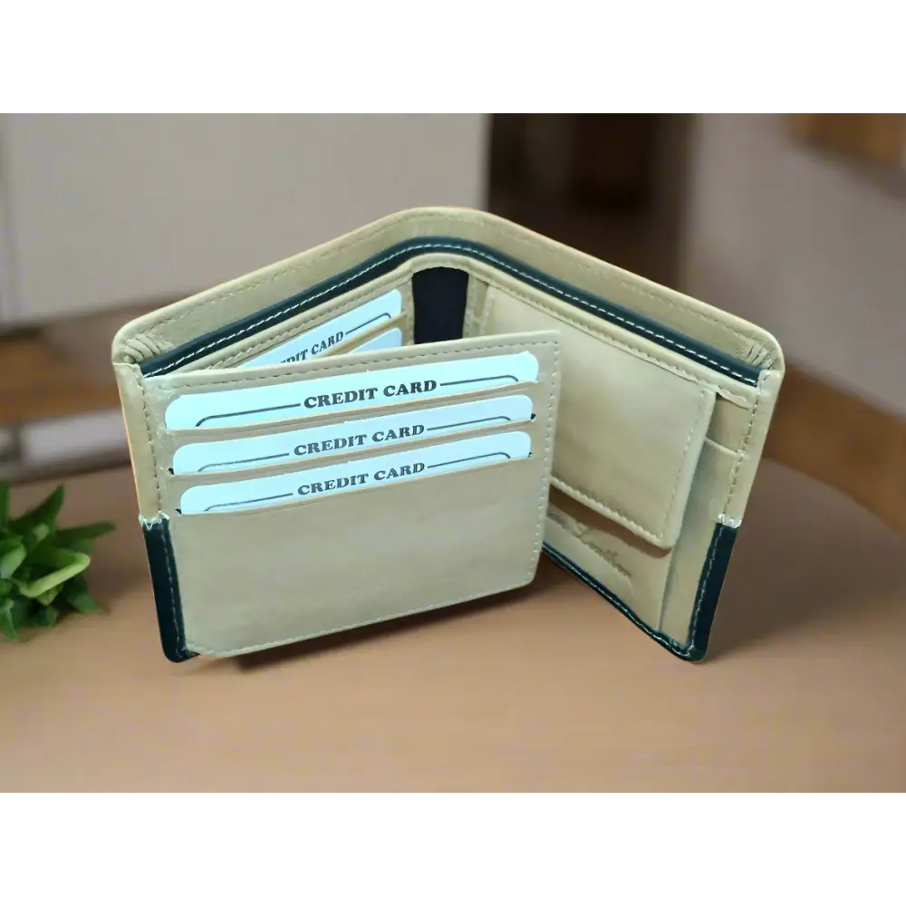 Wallet: Beige-Black Leather Wallet - Wallets